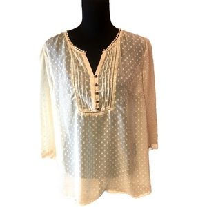 Yellow See-Thru Blouse with Embroidery by Christopher & Banks, Round Collar  L